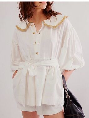 Free people Cream Button-Front Peasant Blouse with Gold Trim set